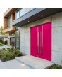 pink aluminum double front door with three stripes