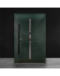 Green contemporary pivot door with long glass