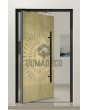 Pivot door with yellow brass texture of milled metal