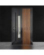 Aluminium pivot door with vertical slats made of aluminium profiles and glass