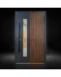Aluminium pivot door with vertical slats made of aluminium profiles and glass