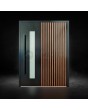 Black aluminium pivot door with vertical slats made of aluminium profiles