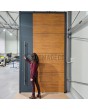 Anthracite aluminum front door with golden oak wooden decor