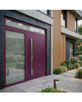 Purple LIM hinged aluminium door with left and top glass panel