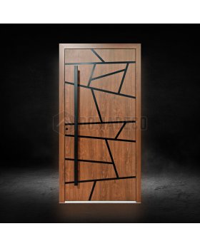 Golden oak modern aluminum front door with black stripes
