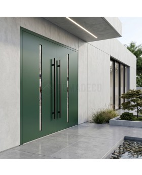 Aluminium double hinged front door with vertical glass