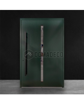 Green contemporary pivot door with long glass