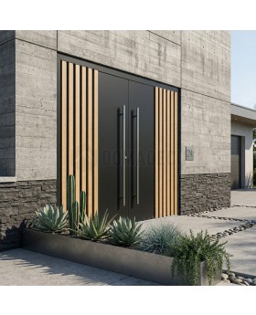 Black aluminum double door with vertical slats made of aluminum profiles