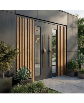 Black aluminium double door with vertical slats and window