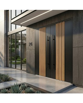Black aluminum double front door with vertical slats made of aluminum profiles